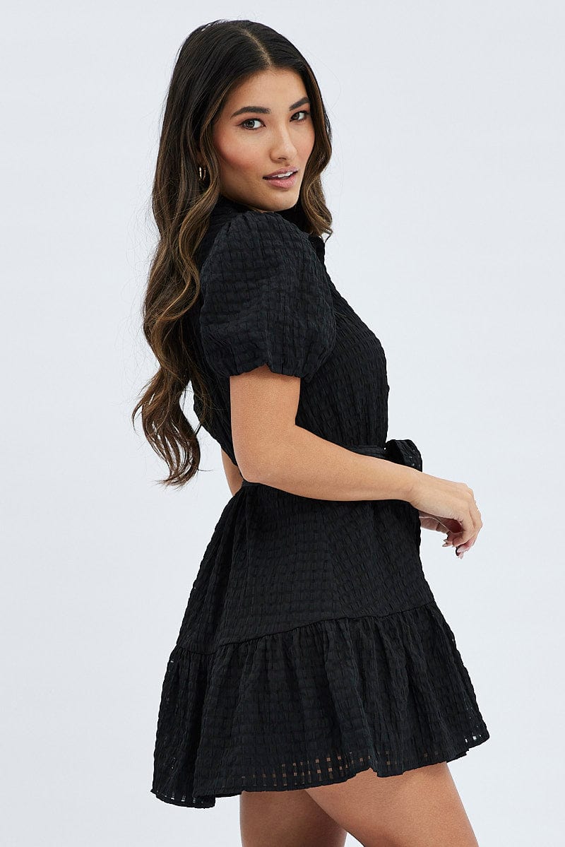 Black Shirts Dress Puff Sleeve Mini for Ally Fashion