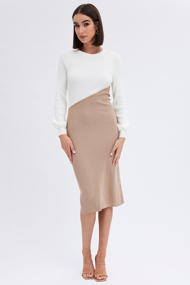 Beige Knit Dress Colour Block Midi for Ally Fashion