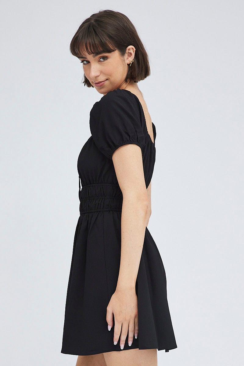 Black Fit And Flare Dress Puff Sleeve Mini for Ally Fashion