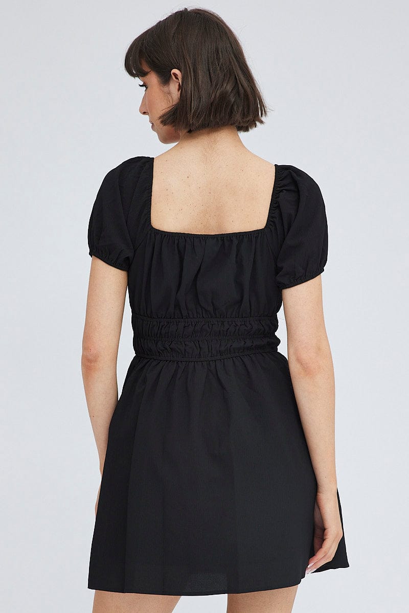 Black Fit And Flare Dress Puff Sleeve Mini for Ally Fashion