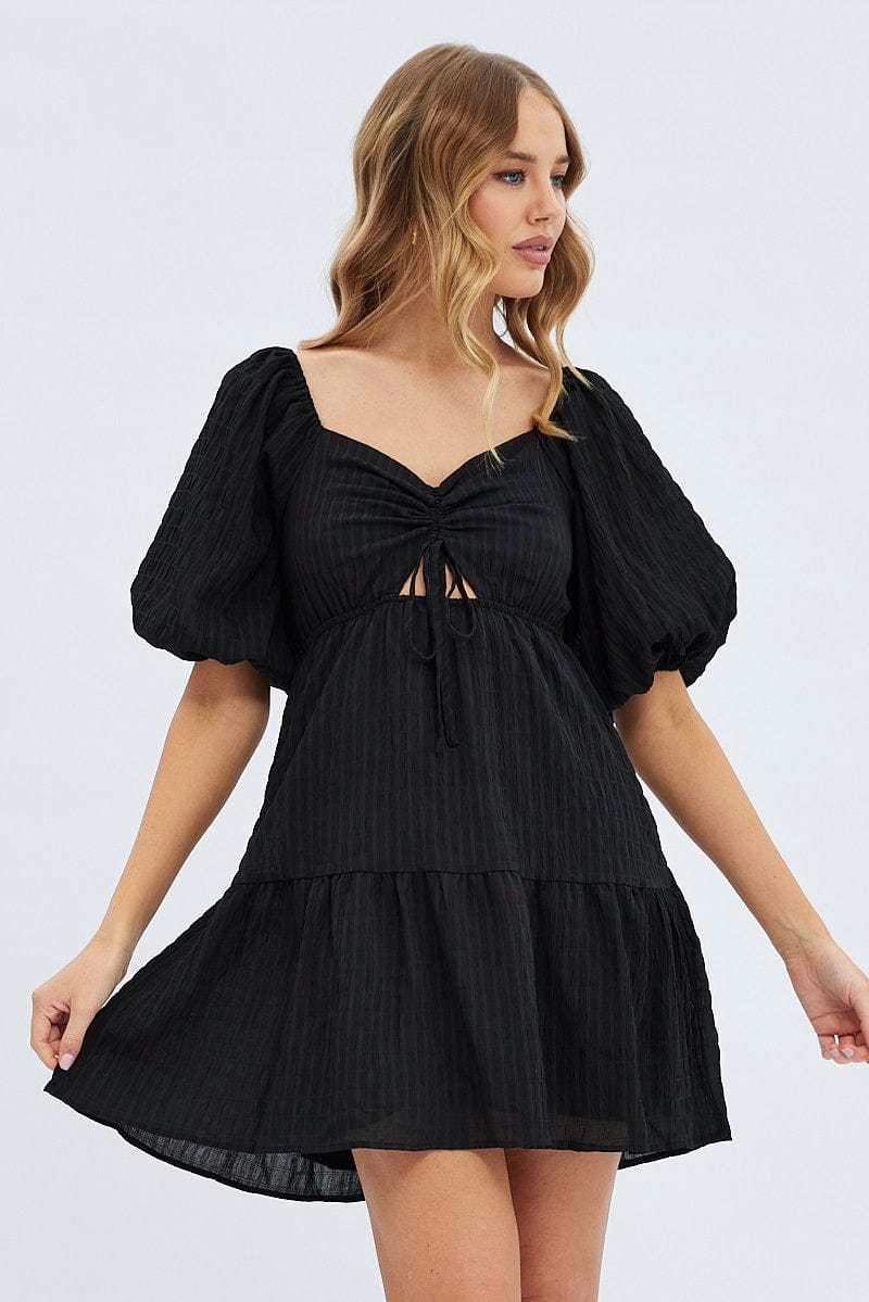 Black Fit And Flare Dress Mini Ruched Bust | Ally Fashion