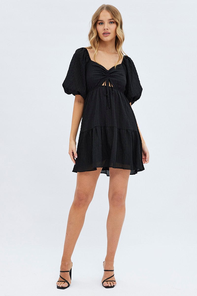 Black Fit And Flare Dress Mini Ruched Bust for Ally Fashion