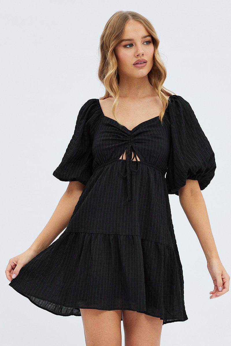 Black Fit And Flare Dress Mini Ruched Bust for Ally Fashion