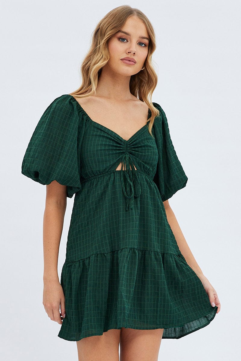 Green Fit And Flare Dress Mini Ruched Bust | Ally Fashion