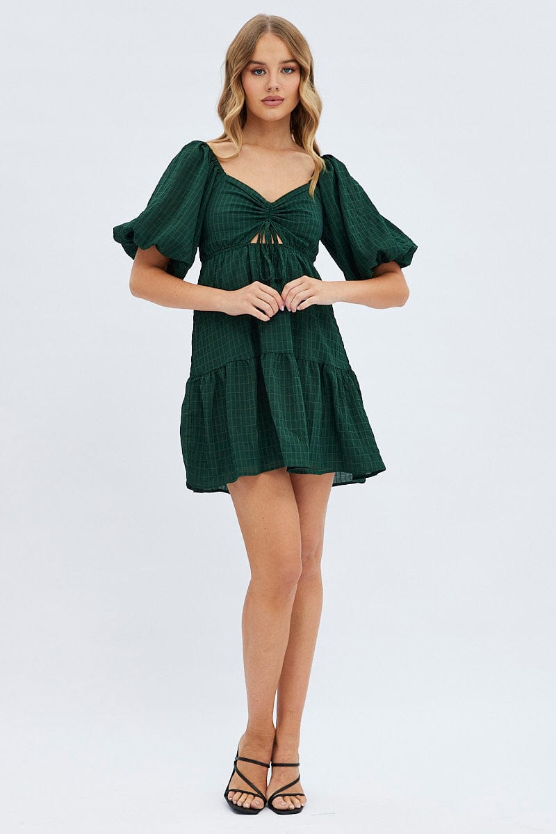 Green Fit And Flare Dress Mini Ruched Bust for Ally Fashion