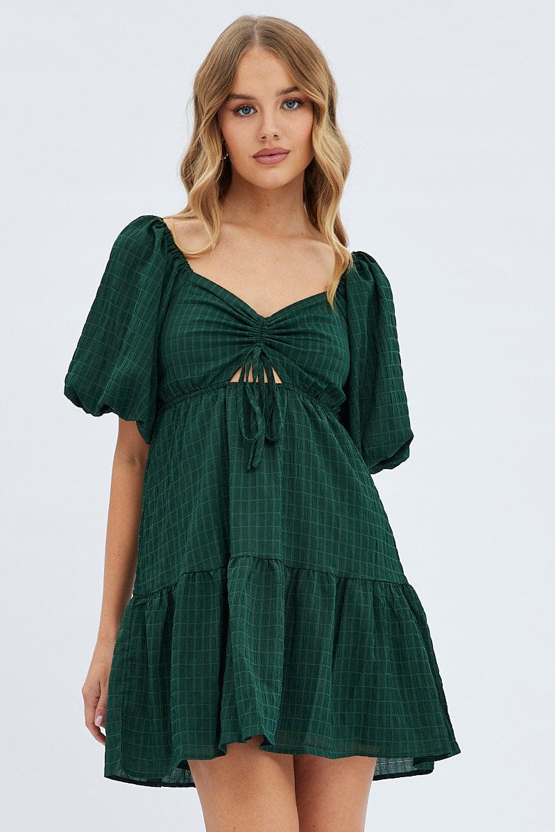 Green Fit And Flare Dress Mini Ruched Bust for Ally Fashion