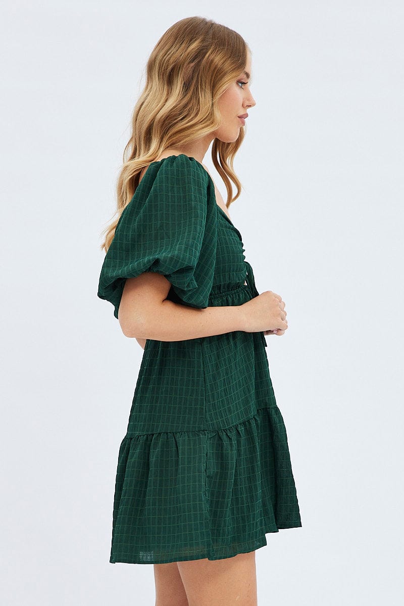 Green Fit And Flare Dress Mini Ruched Bust for Ally Fashion