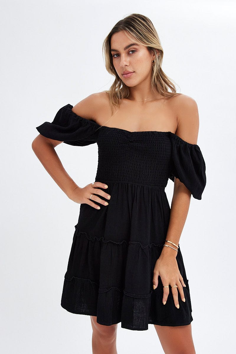 Black Fit And Flare Dress Puff Sleeve Mini | Ally Fashion