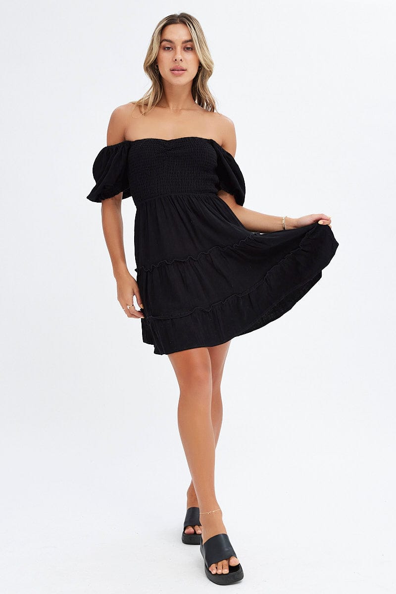 Black Fit And Flare Dress Puff Sleeve Mini for Ally Fashion