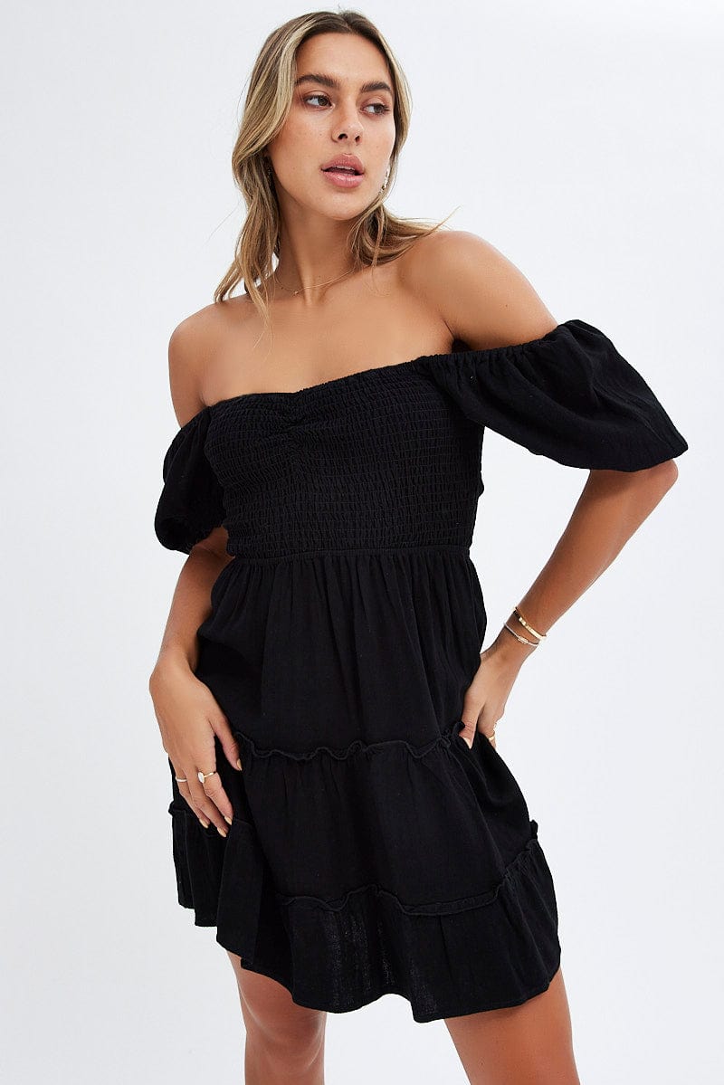 Black Fit And Flare Dress Puff Sleeve Mini for Ally Fashion