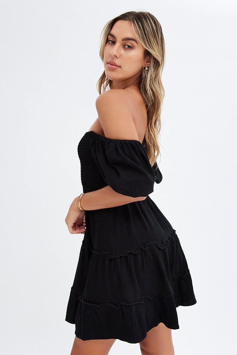 Black Fit And Flare Dress Puff Sleeve Mini for Ally Fashion