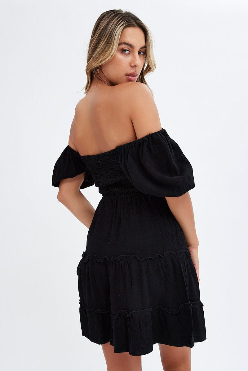 Black Fit And Flare Dress Puff Sleeve Mini | Ally Fashion