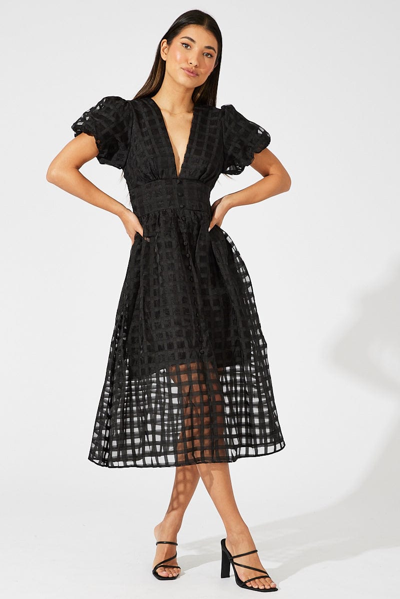 Black Midi Dress Puff Sleeve V-Neck | Ally Fashion