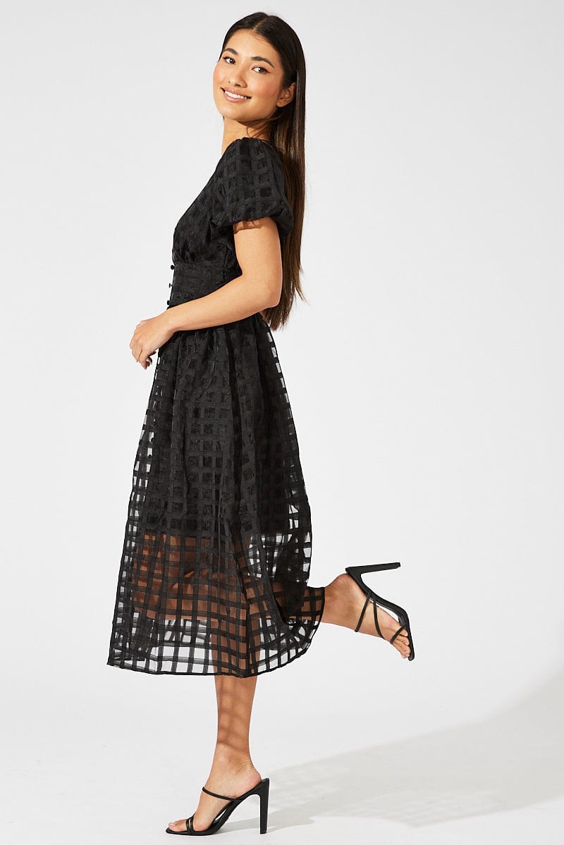 Black Midi Dress Puff Sleeve V-Neck | Ally Fashion