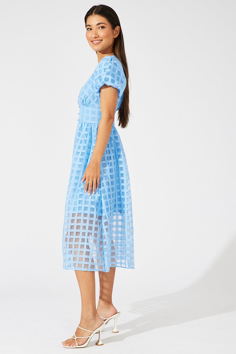 Blue Midi Dress Puff Sleeve V-Neck for Ally Fashion