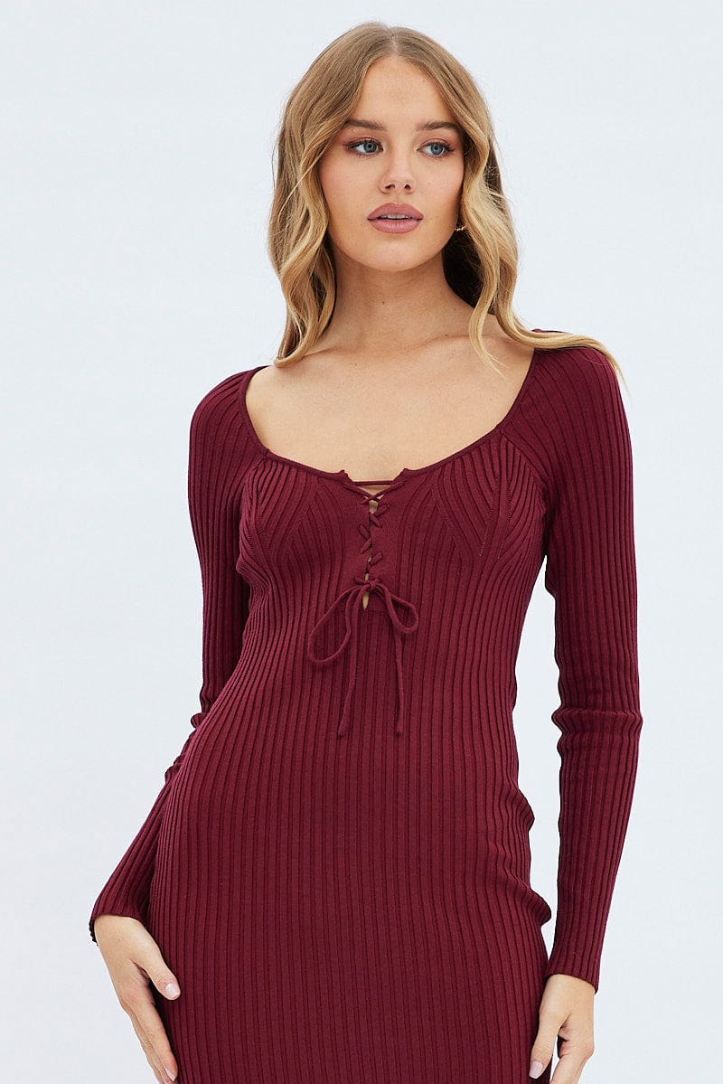 Red Knit Dress Long Sleeve Midi | Ally Fashion Red Knit Dress Long Sleeve Midi | Ally Fashion