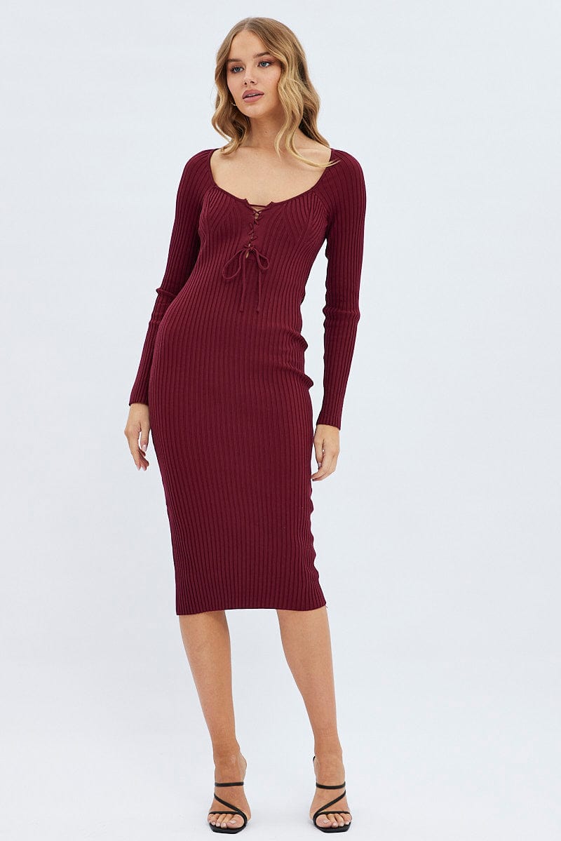 Red Knit Dress Long Sleeve Midi for Ally Fashion