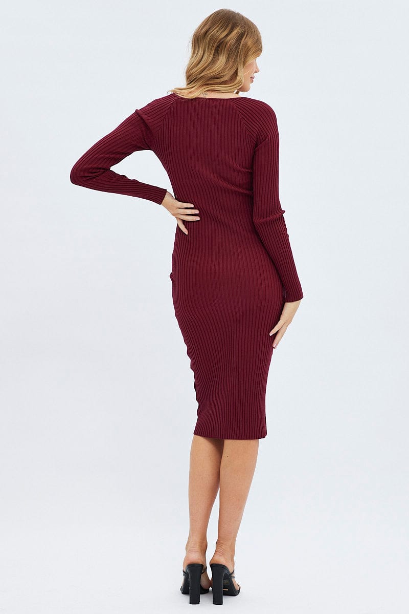 Red Knit Dress Long Sleeve Midi for Ally Fashion