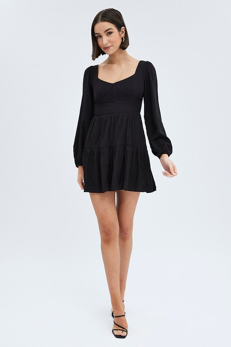 Long sleeve fit and flare black dress best sale