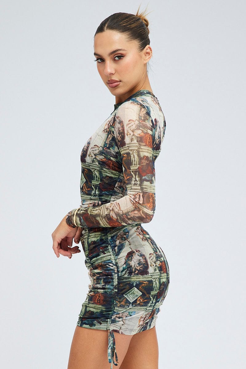 Multi Print Bodycon Dress Ruched Side Long Sleeve Mini for Ally Fashion