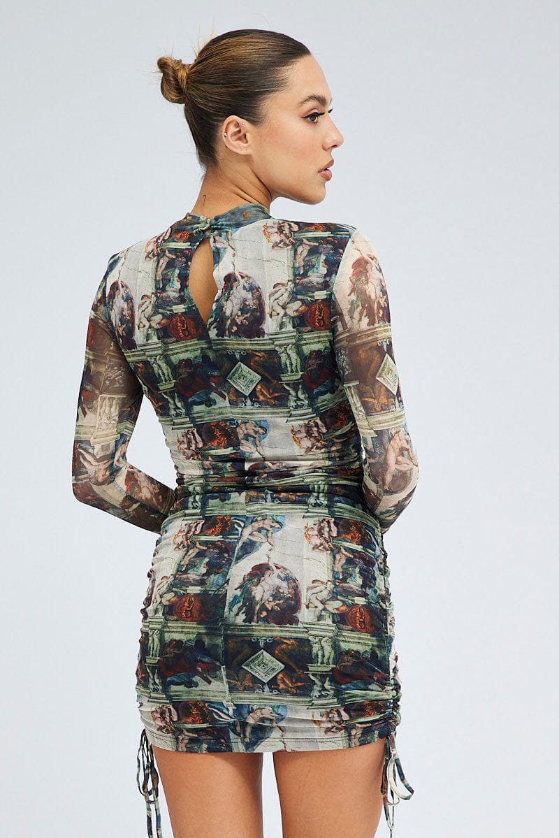 Multi Print Bodycon Dress Ruched Side Long Sleeve Mini for Ally Fashion