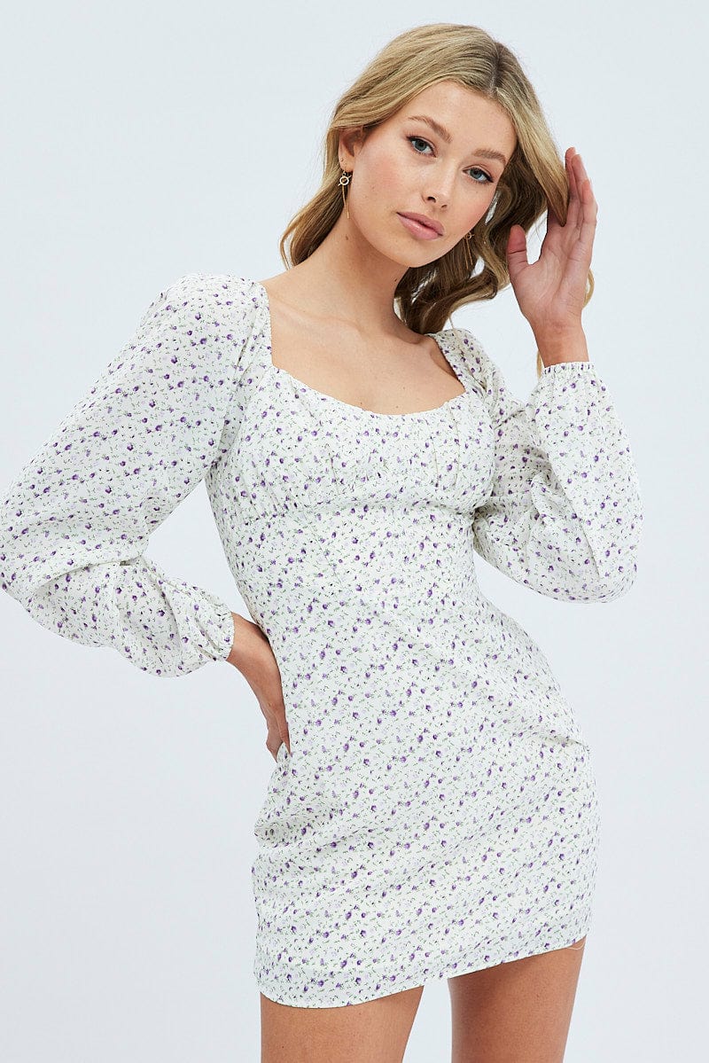 White Floral Midi Dress Long Sleeve Gathering Bust | Ally Fashion