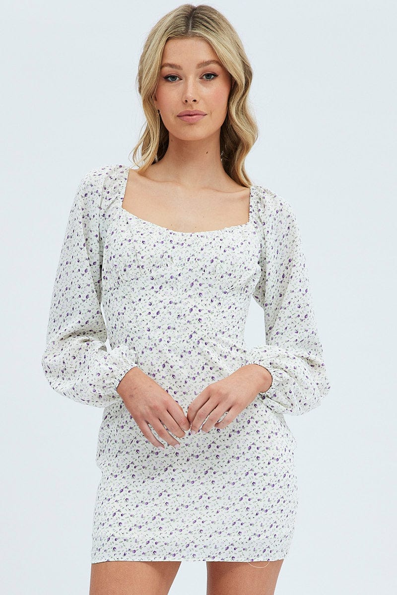 White Floral Midi Dress Long Sleeve Gathering Bust for Ally Fashion