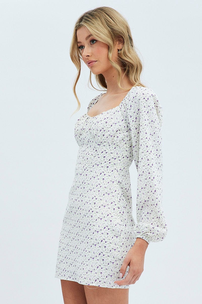 White Floral Midi Dress Long Sleeve Gathering Bust for Ally Fashion