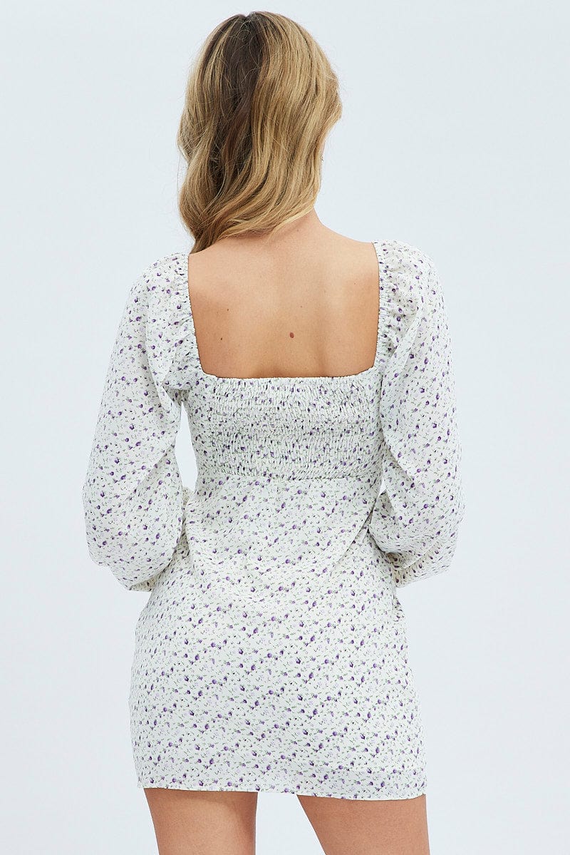 White Floral Midi Dress Long Sleeve Gathering Bust for Ally Fashion