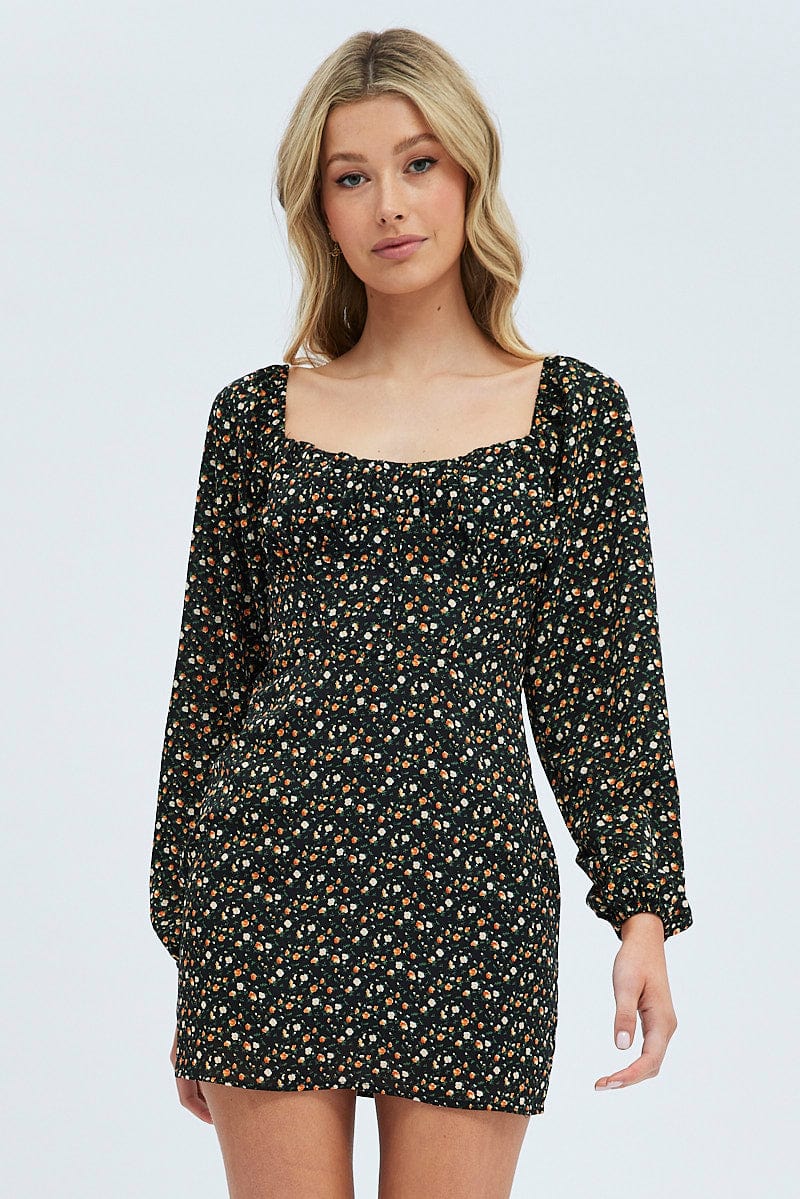 Black Floral Midi Dress Long Sleeve Gathering Bust for Ally Fashion