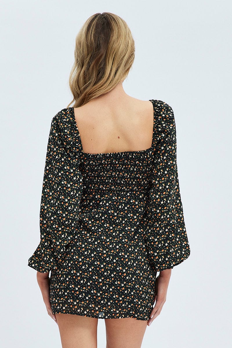 Black Floral Midi Dress Long Sleeve Gathering Bust for Ally Fashion