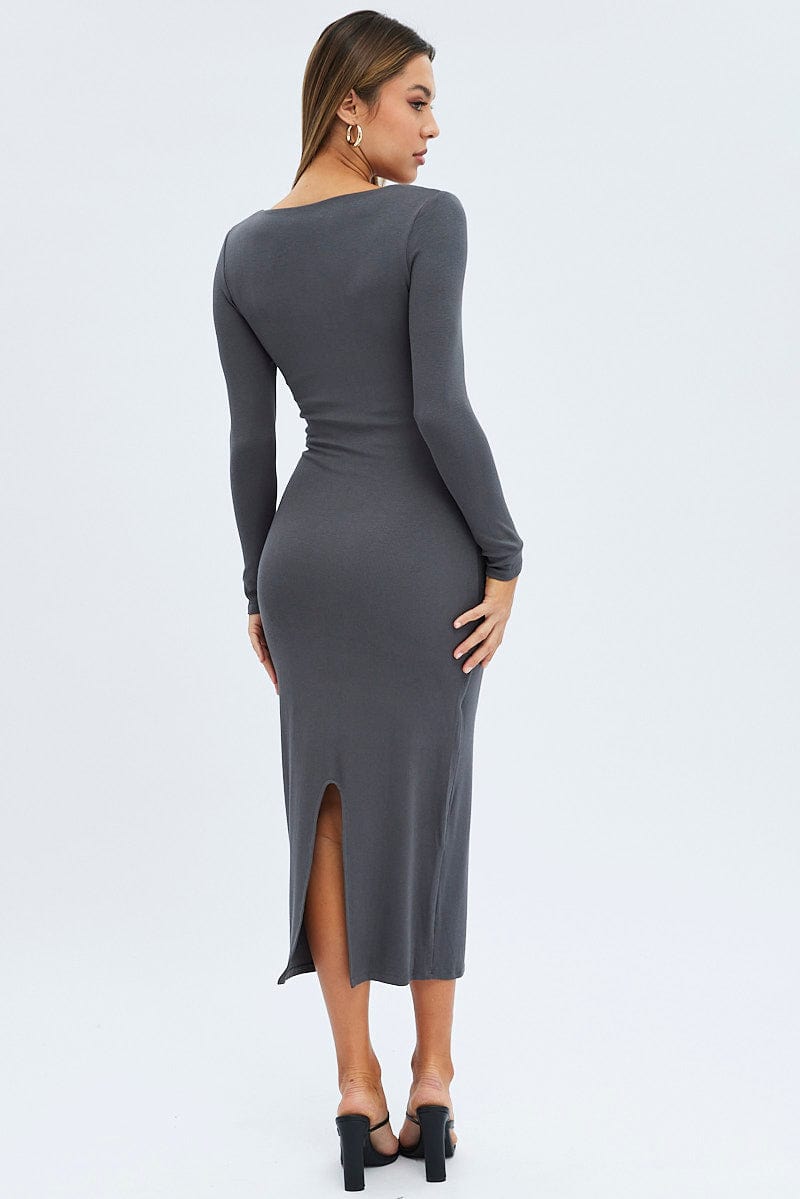 Grey Midi Dress Long Sleeve Bodycon Ribbed for Ally Fashion