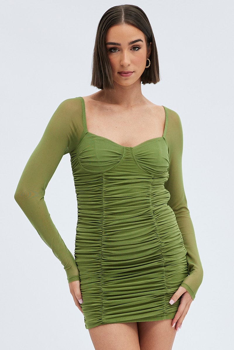 Green Bodycon Dress Corset Detail Mesh for Ally Fashion