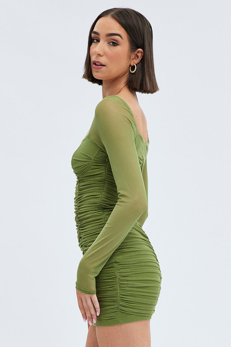 Green Bodycon Dress Corset Detail Mesh for Ally Fashion