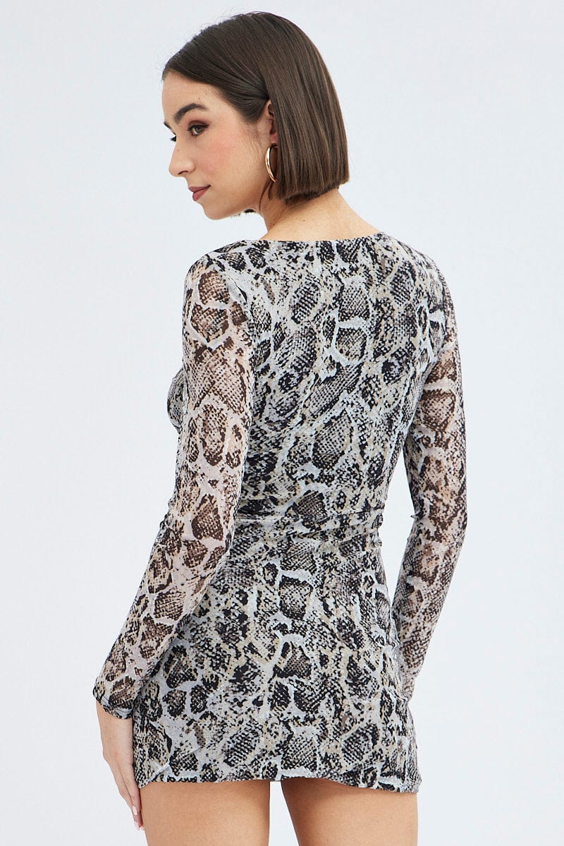 Camel Animal Print Bodycon Dress Long Sleeve Mesh | Ally Fashion Camel Animal Print Bodycon Dress Long Sleeve Mesh | Ally Fashion