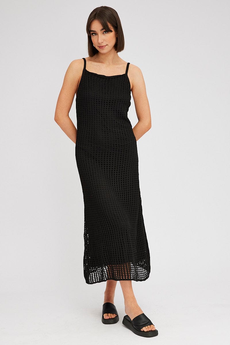 Black Knit Dress Sleeveless Maxi Crochet for Ally Fashion