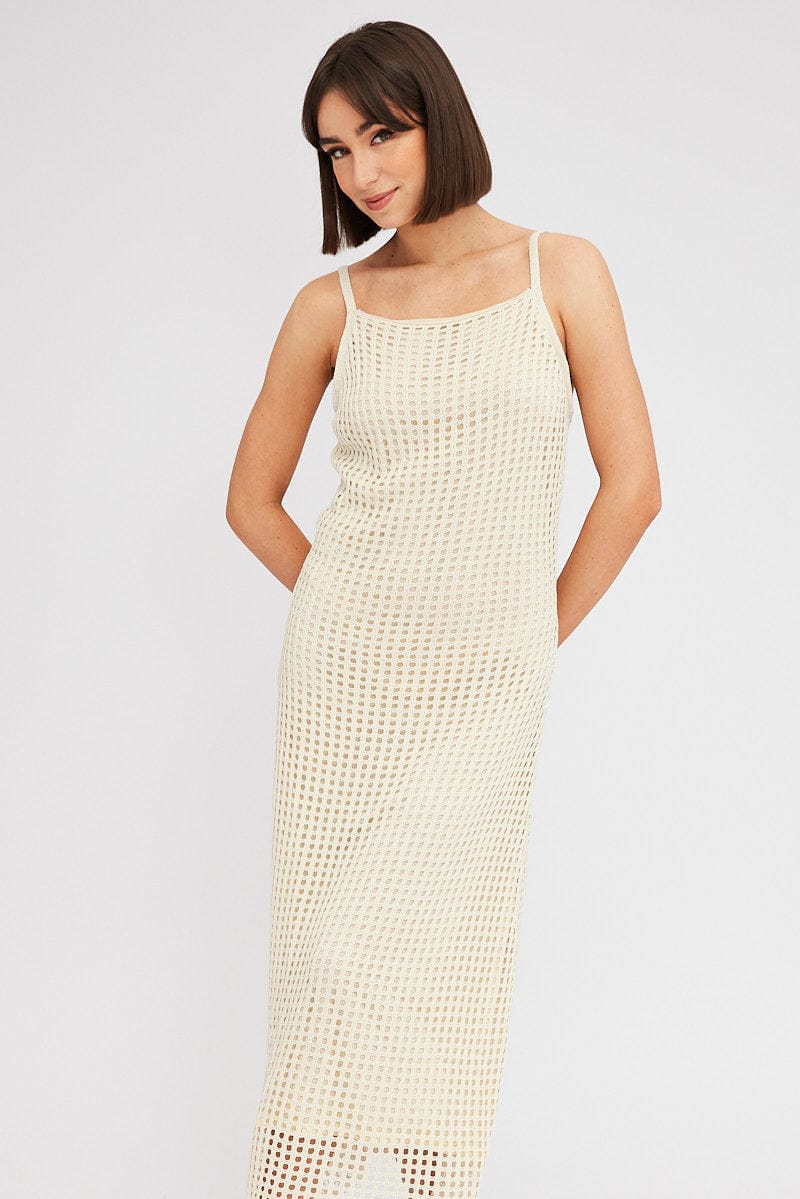 Beige Knit Dress Sleeveless Maxi Crochet for Ally Fashion