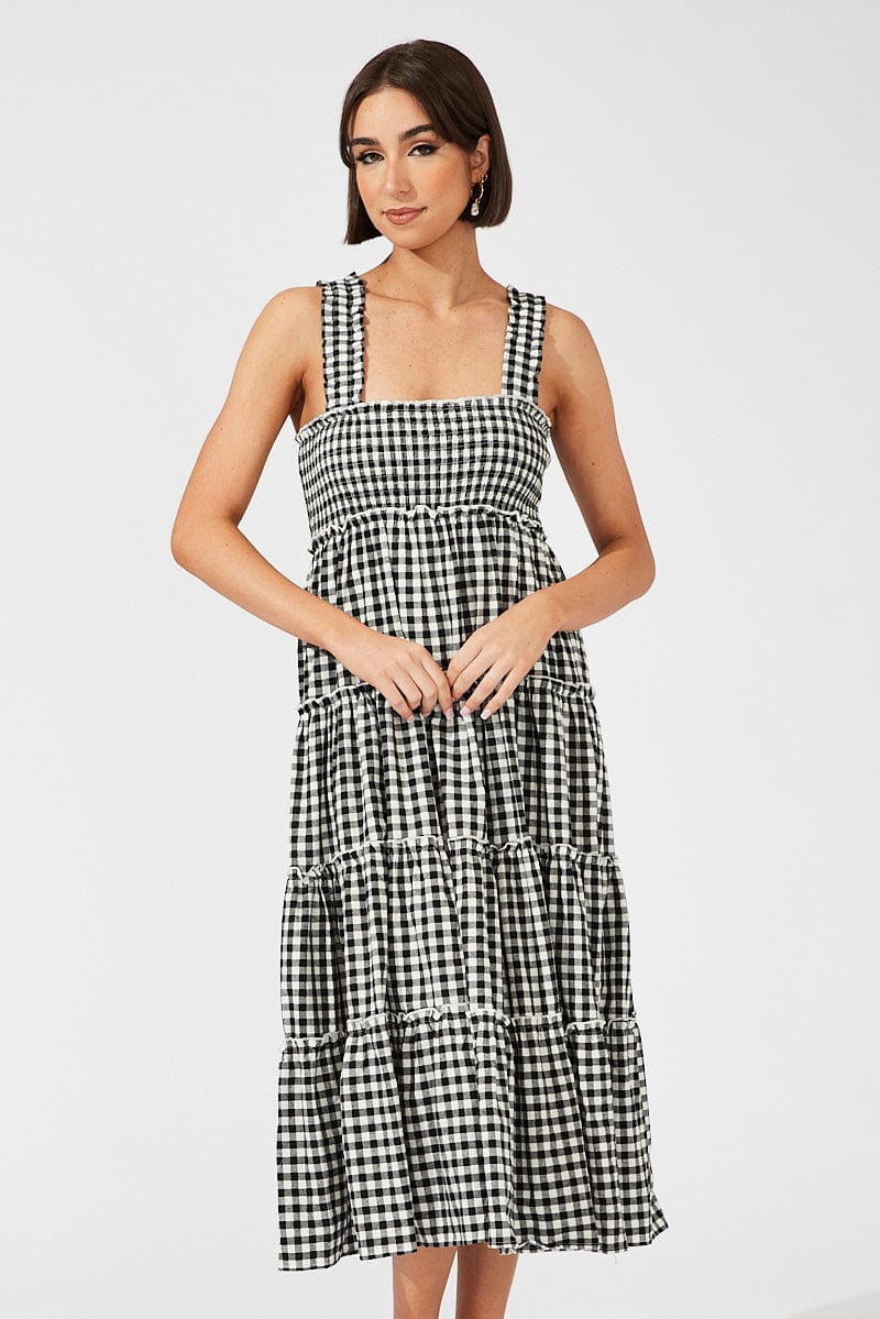 Black Check Maxi Dress Shirred Bust Tiered for Ally Fashion