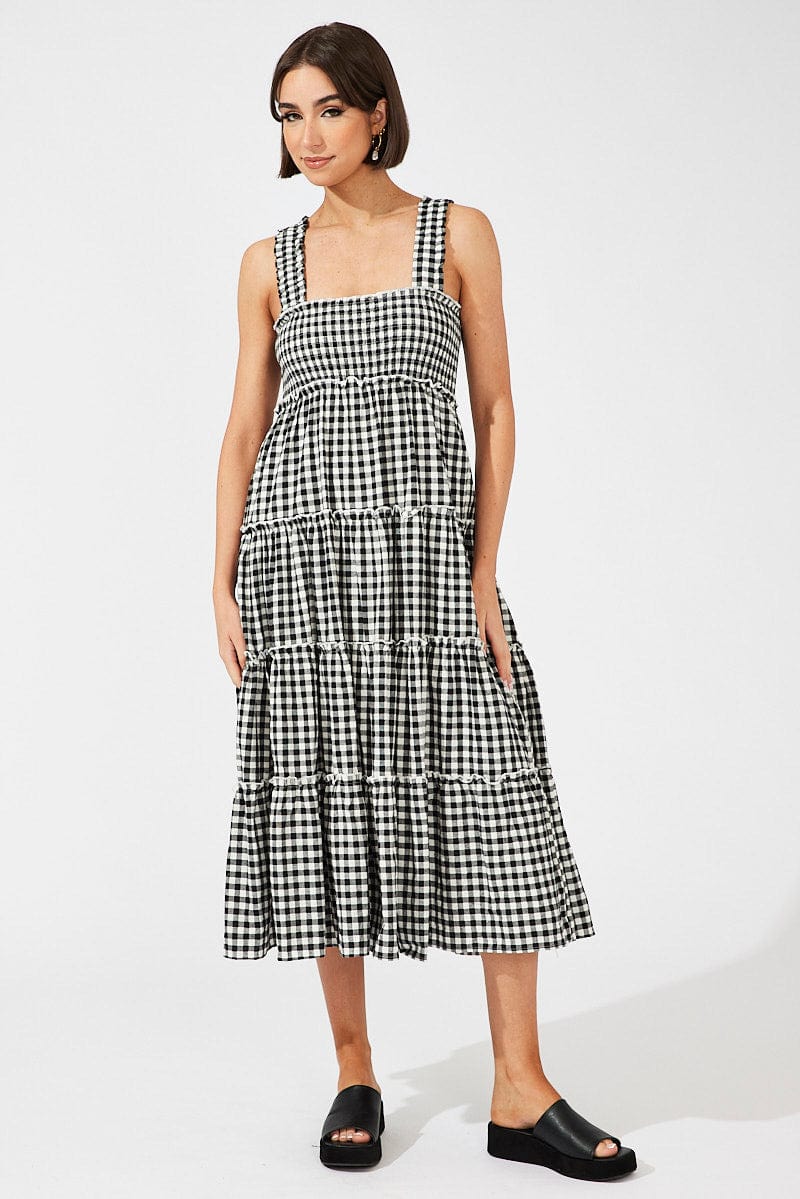 Black Check Maxi Dress Shirred Bust Tiered for Ally Fashion