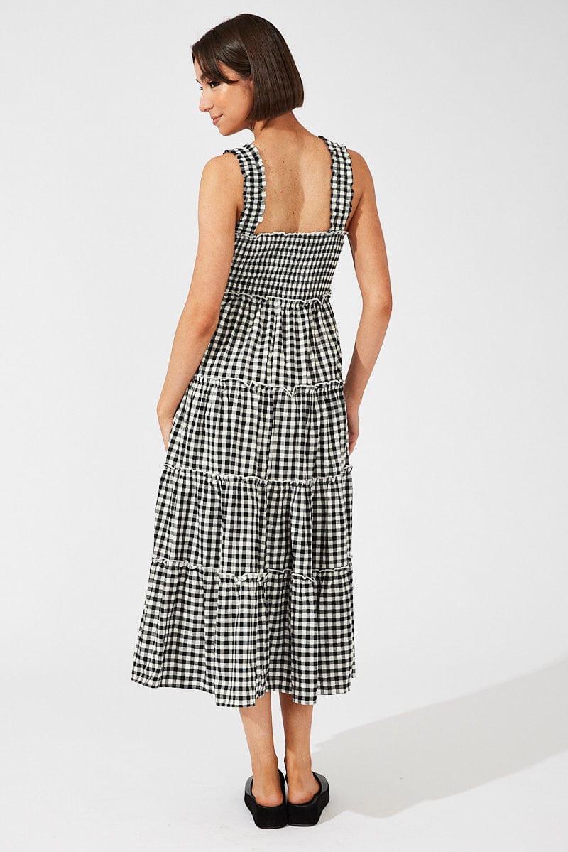 Black Check Maxi Dress Shirred Bust Tiered for Ally Fashion