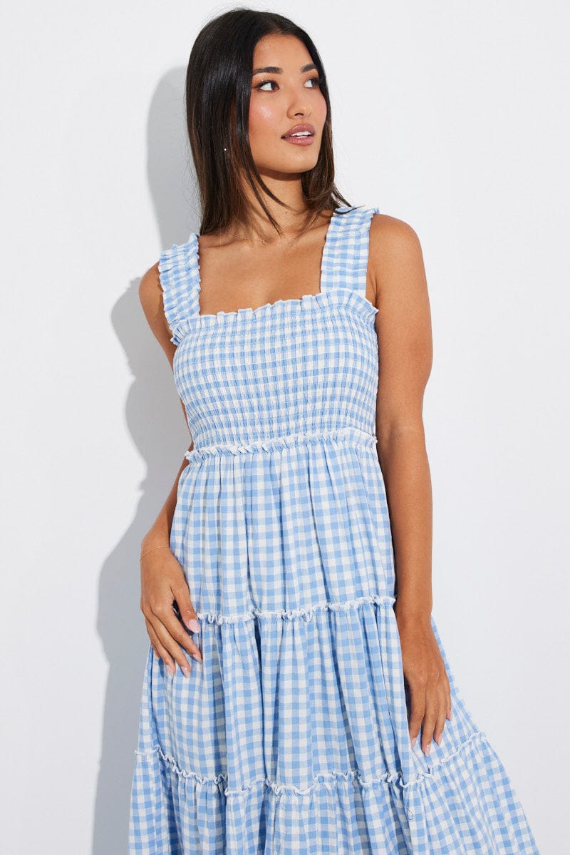 Blue Check Maxi Dress Shirred Bust Tiered for Ally Fashion