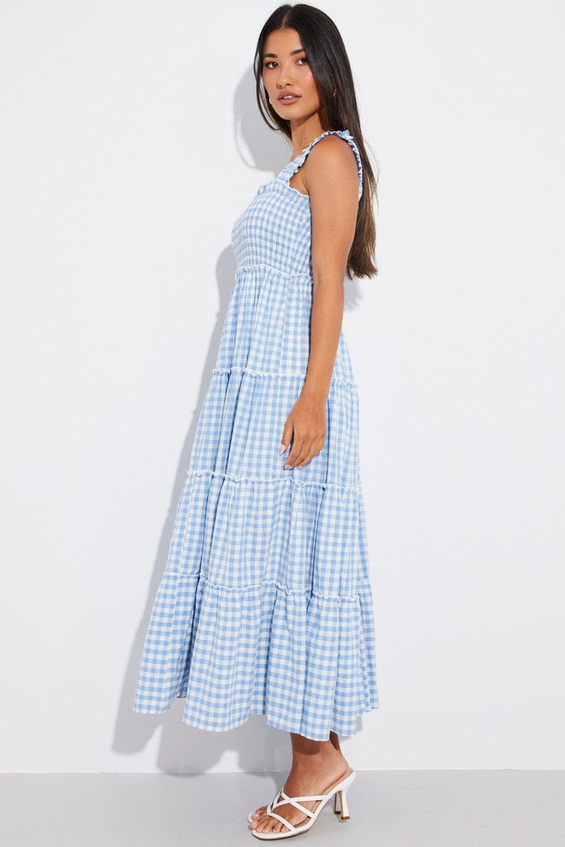 Blue Check Maxi Dress Shirred Bust Tiered for Ally Fashion