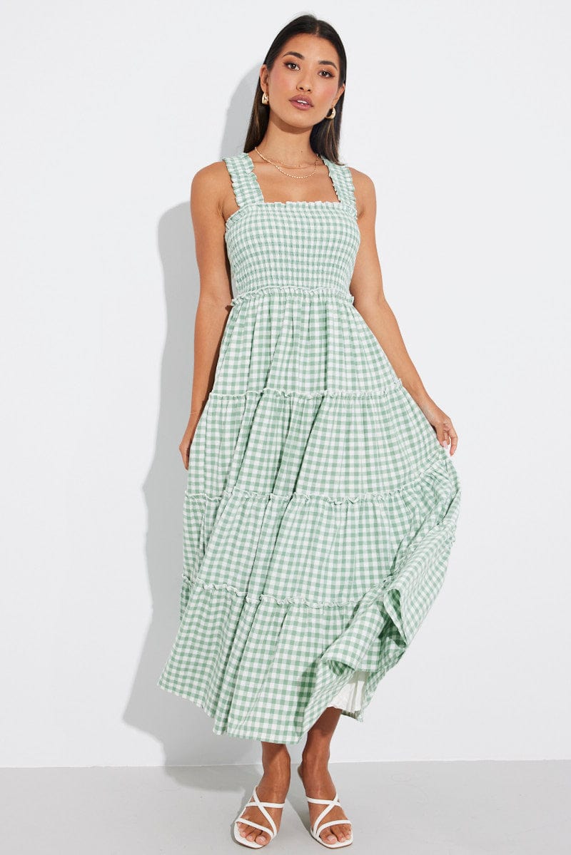 Green Check Maxi Dress Shirred Bust Tiered for Ally Fashion