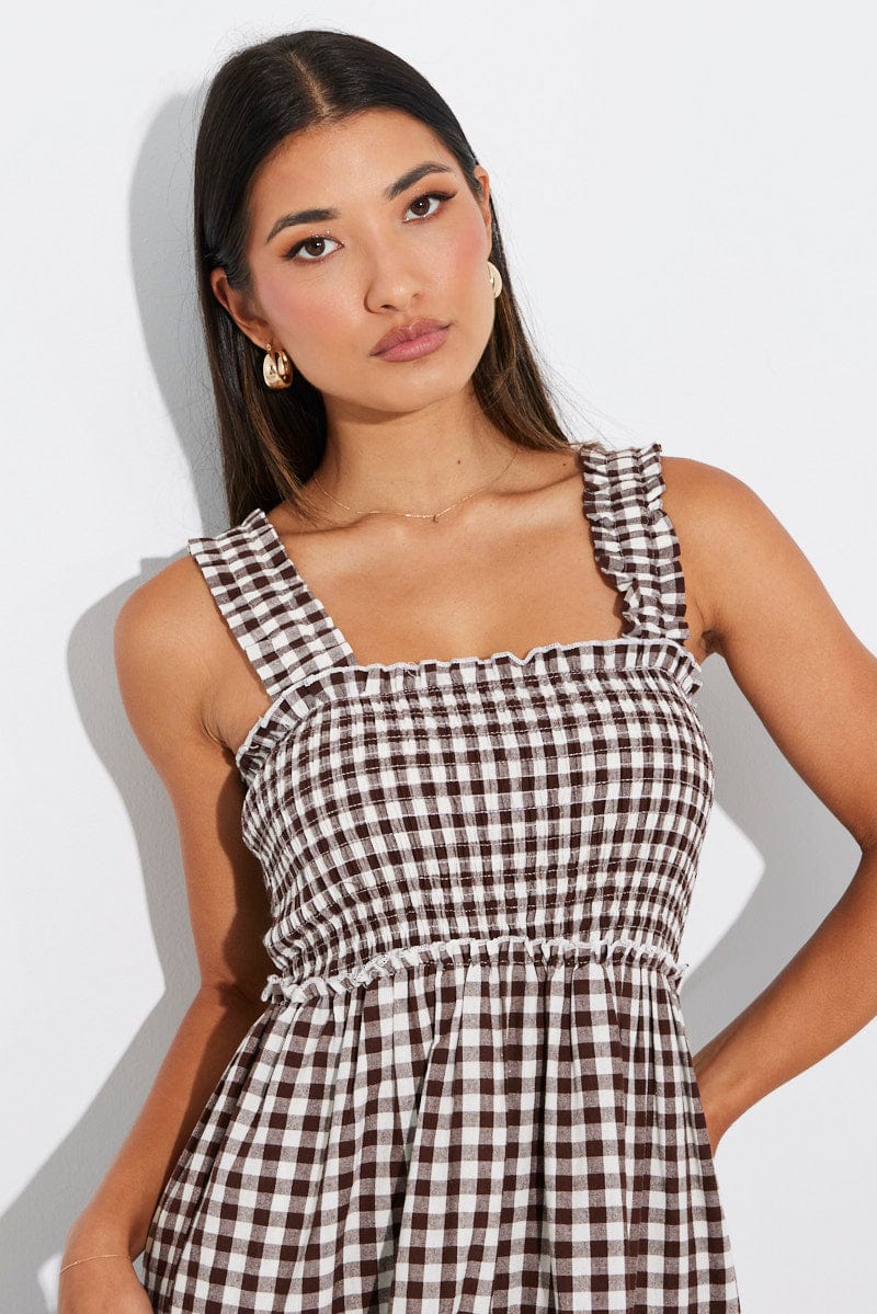 Brown Check Maxi Dress Shirred Bust Tiered for Ally Fashion