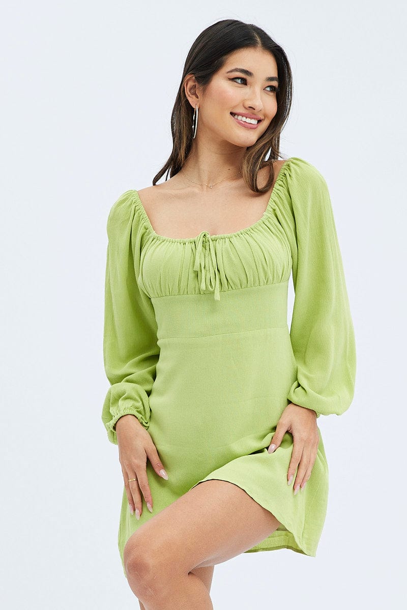 Green Mini Dress Ruched Bust Long Sleeve for Ally Fashion