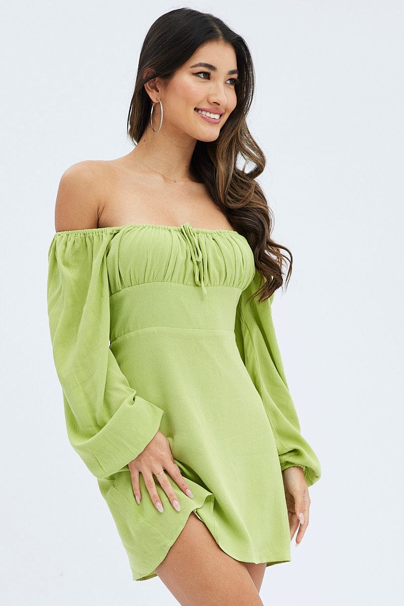 Green Mini Dress Ruched Bust Long Sleeve for Ally Fashion