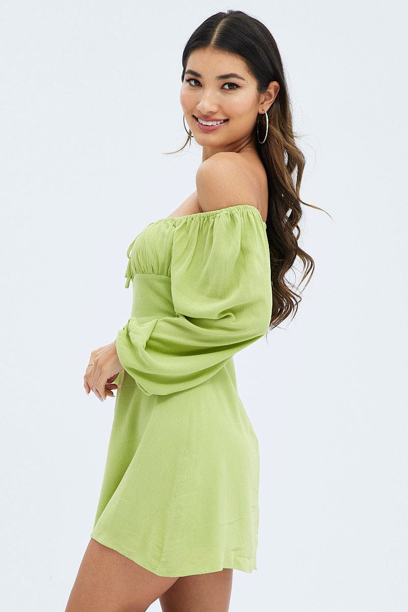 Green Mini Dress Ruched Bust Long Sleeve for Ally Fashion