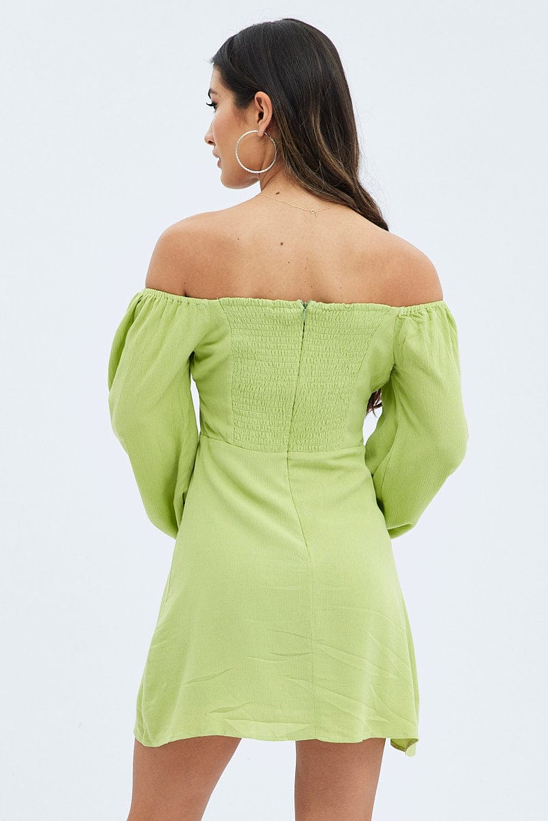 Green Mini Dress Ruched Bust Long Sleeve for Ally Fashion