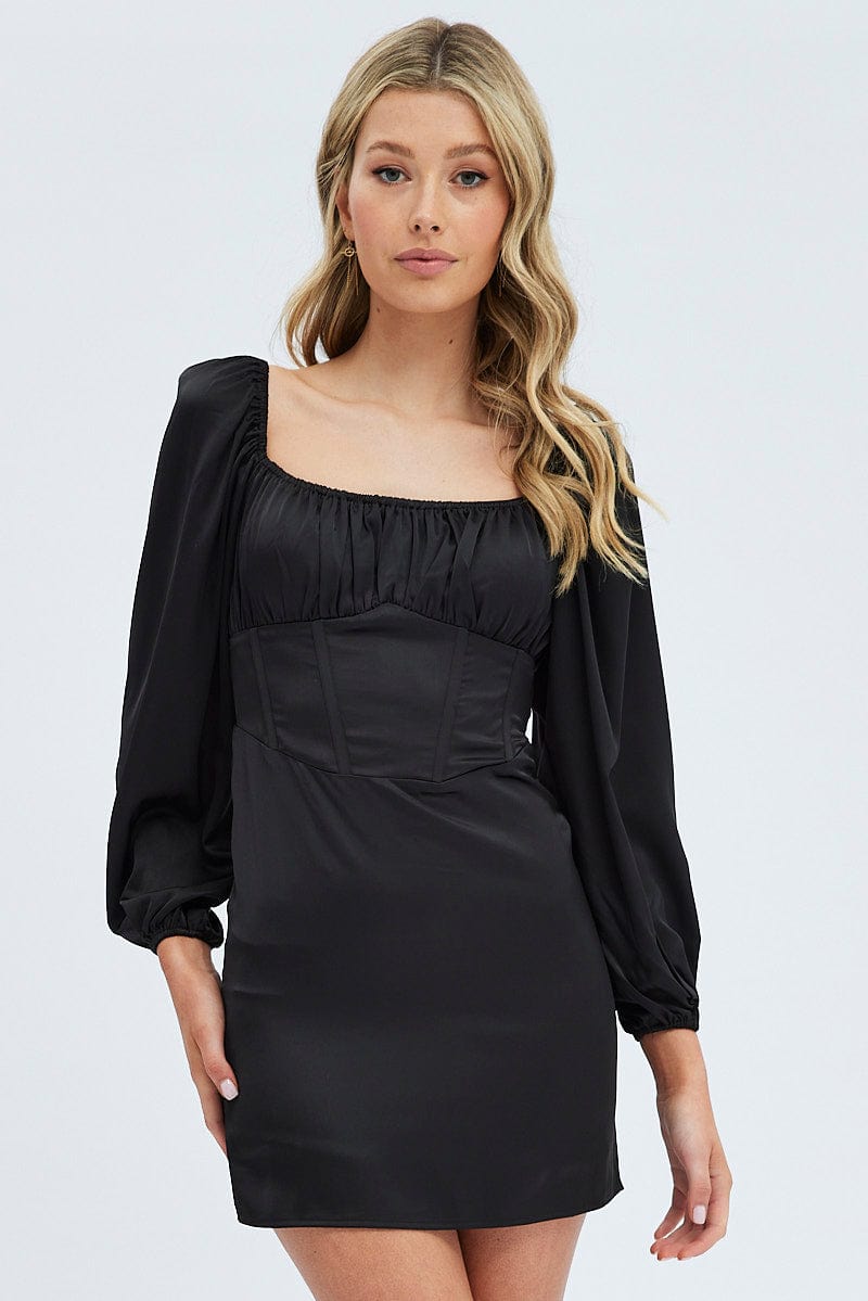 Black Mini Dress Corset Detail Long Sleeve for Ally Fashion