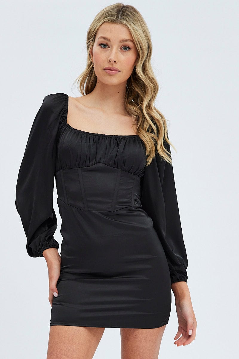 Black Mini Dress Corset Detail Long Sleeve for Ally Fashion